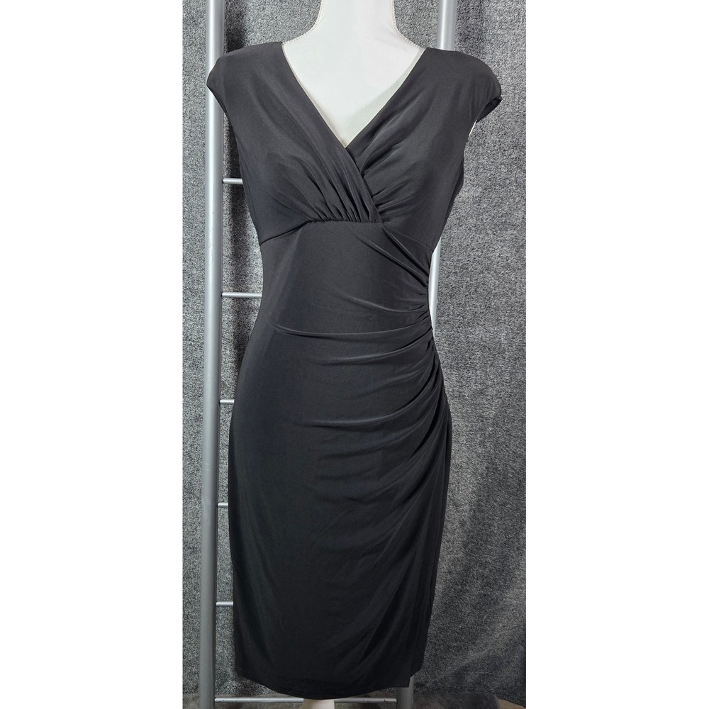 Lauren Ralph Lauren Black Ruched V-Neck Cap Sleeve Sheath Dress 6